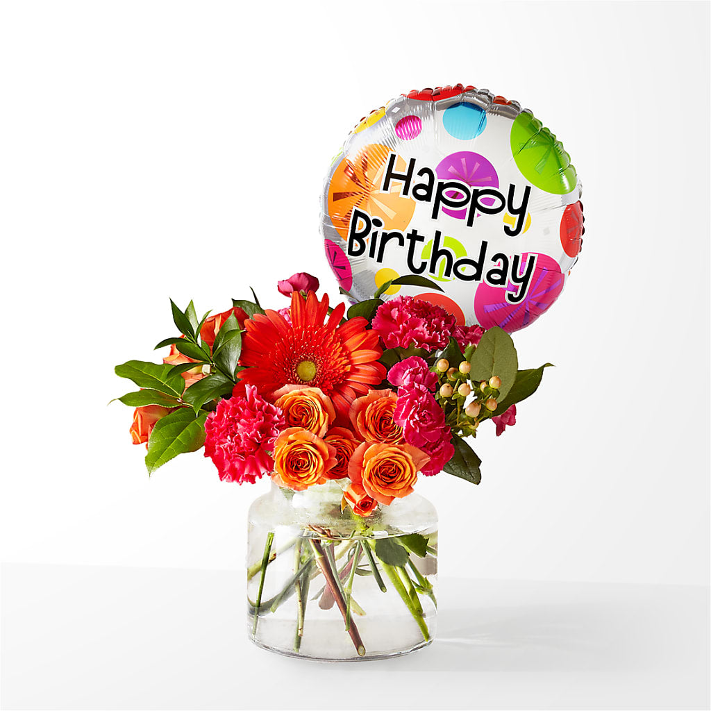 Fiesta Bouquet with Birthday Balloon – Elite Flowers Of Hemet, Hemet CA