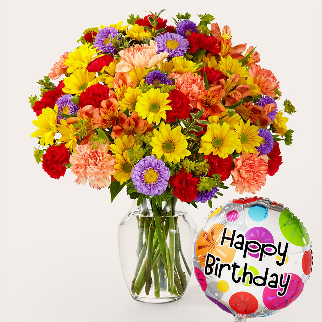 Kaleidoscope Bouquet with Birthday Balloon – Elite Flowers Of Hemet, Hemet CA