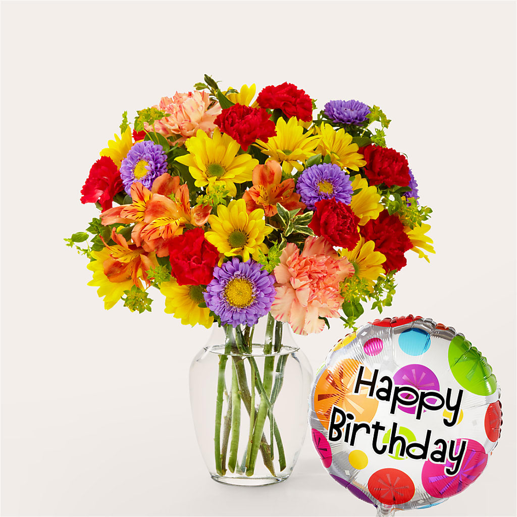 Kaleidoscope Bouquet with Birthday Balloon – Elite Flowers Of Hemet, Hemet CA
