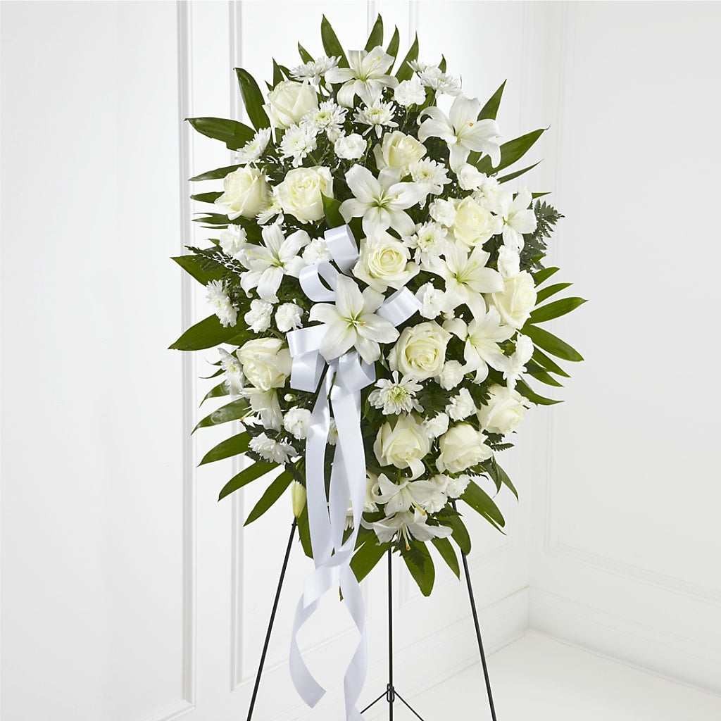 Exquisite Tribute Standing Spray-White Ribbon – Elite Flowers Of Hemet, Hemet CA