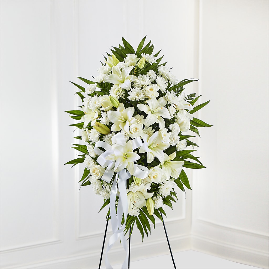 Exquisite Tribute Standing Spray-White Ribbon – Elite Flowers Of Hemet, Hemet CA
