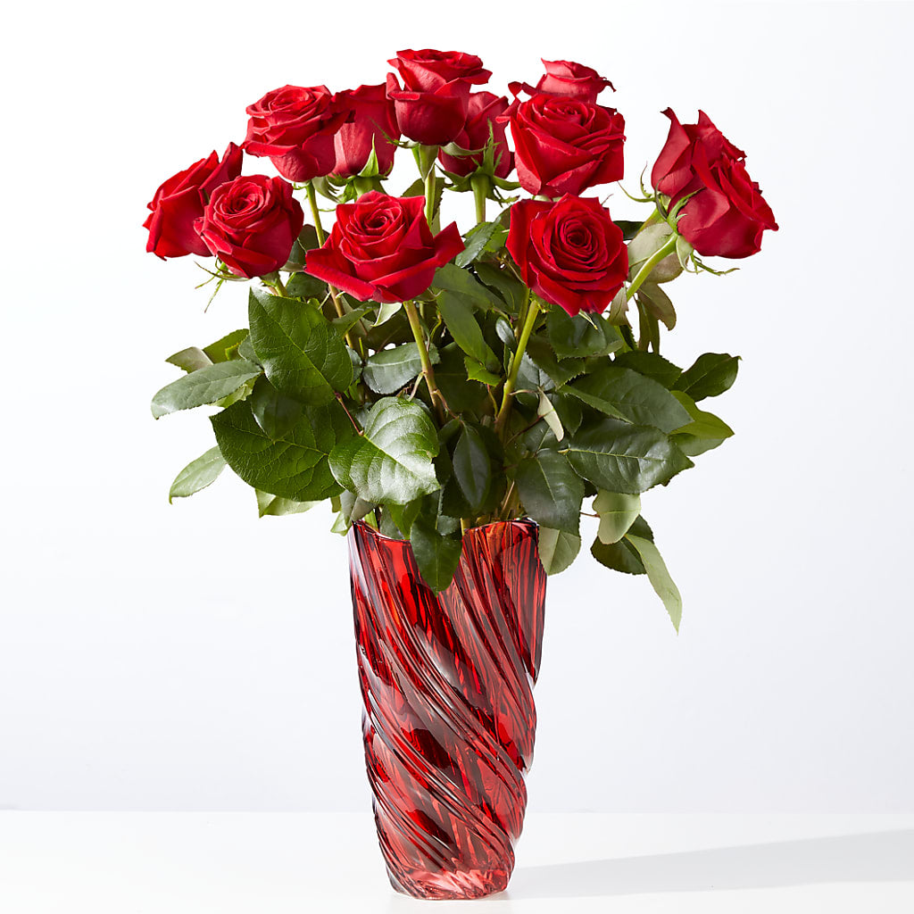 Classic Love Red Rose Bouquet with Luxe Swirl Vase – Elite Flowers Of Hemet, Hemet CA