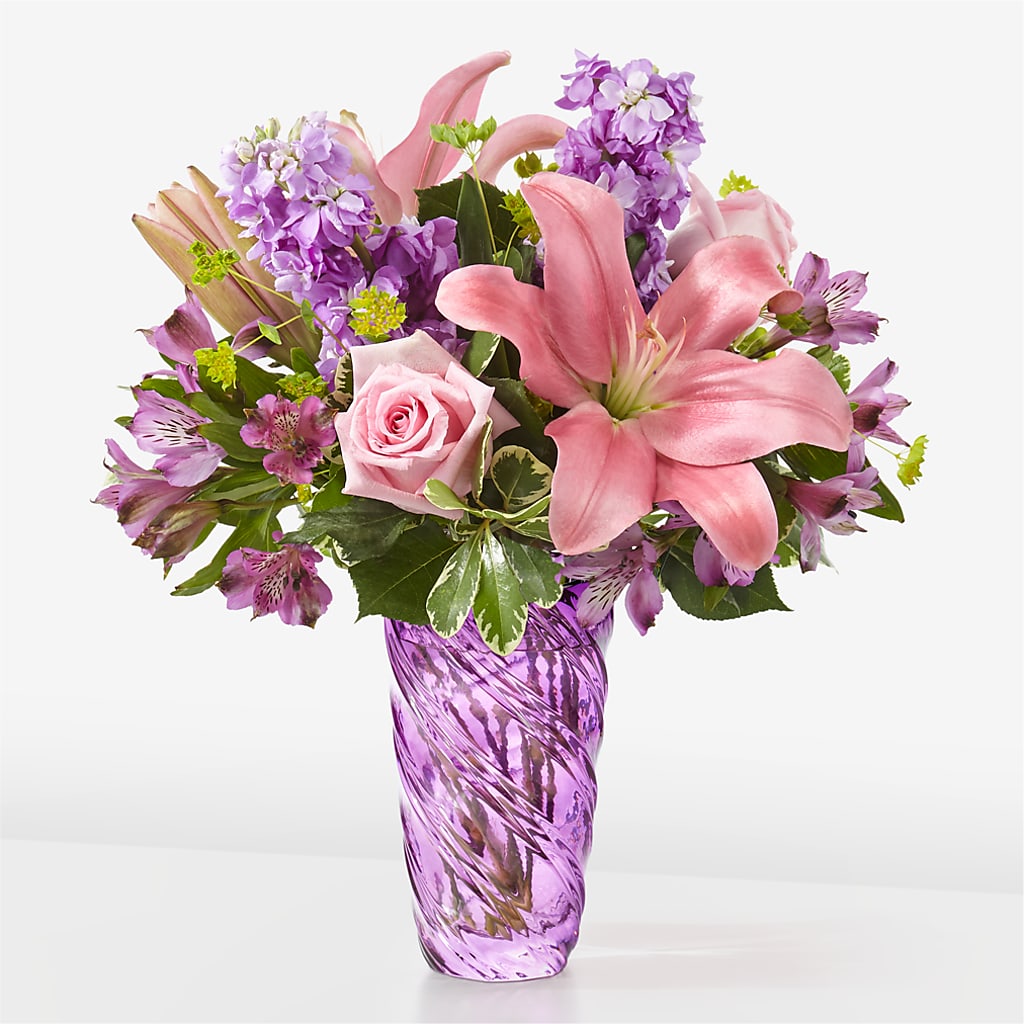Precious Petals Bouquet with Luxe Swirl Vase – Elite Flowers Of Hemet, Hemet CA