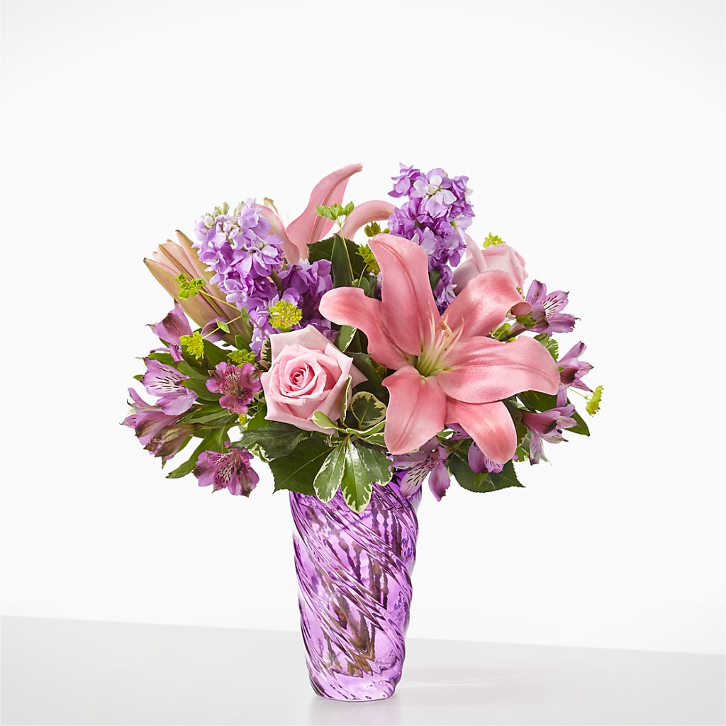 Precious Petals Bouquet with Luxe Swirl Vase – Elite Flowers Of Hemet, Hemet CA